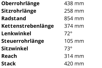 Oberrohrlänge 438 mm Sitzrohrlänge 258 mm Radstand 854 mm Kettenstrebenlänge 374 mm Lenkwinkel 72° Steuerrohrlänge 105 mm Sitzwinkel 73° Reach 314 mm Stack 420 mm